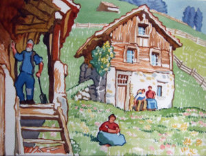 'Hillside View', watercolour, framed